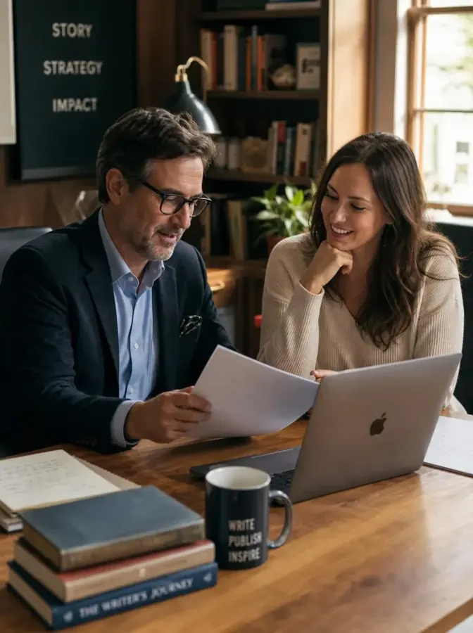 A Union Ridge publishing consultant reviewing a manuscript with an author